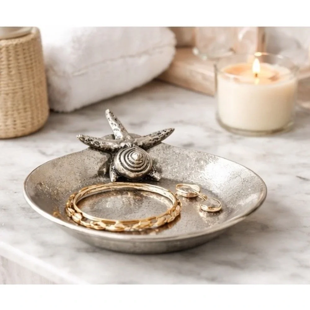 Metal Trinket Change Dish Silver Color Water Fish 7 inches Textured Footed Cute